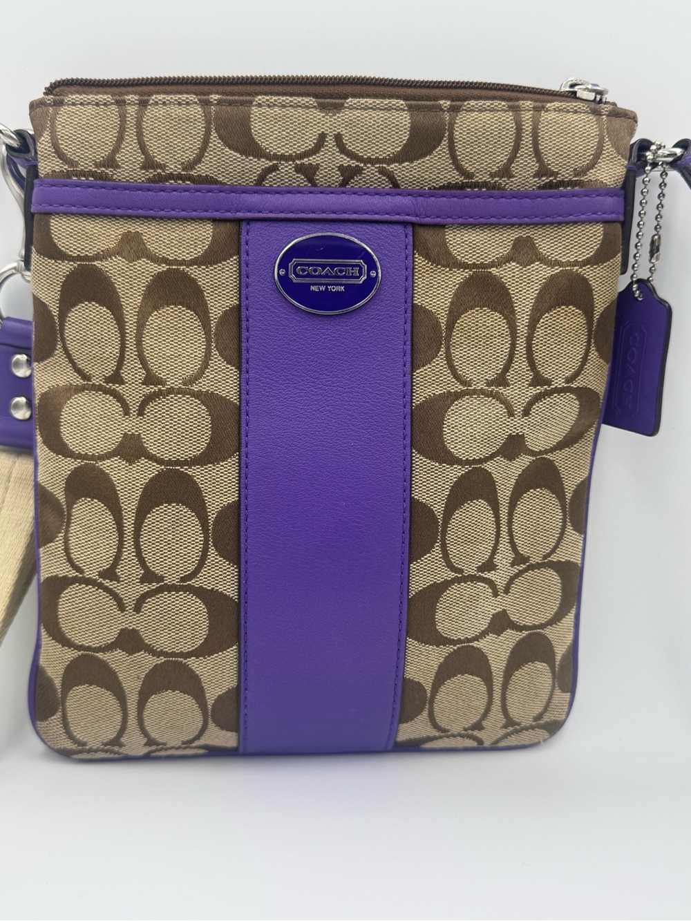 Coach Brown Signature Canvas Crossbody w/ Purple Leather Stripe & Hangtag